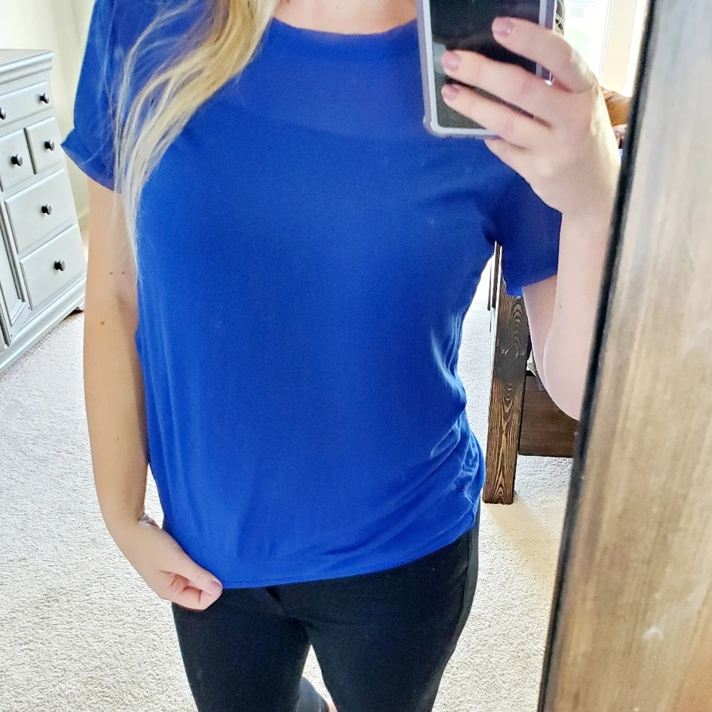 Women's Royal Blue Dark Blue Dressy Blouse Top Short Sleeve Shirt | Small - Picture 12 of 15